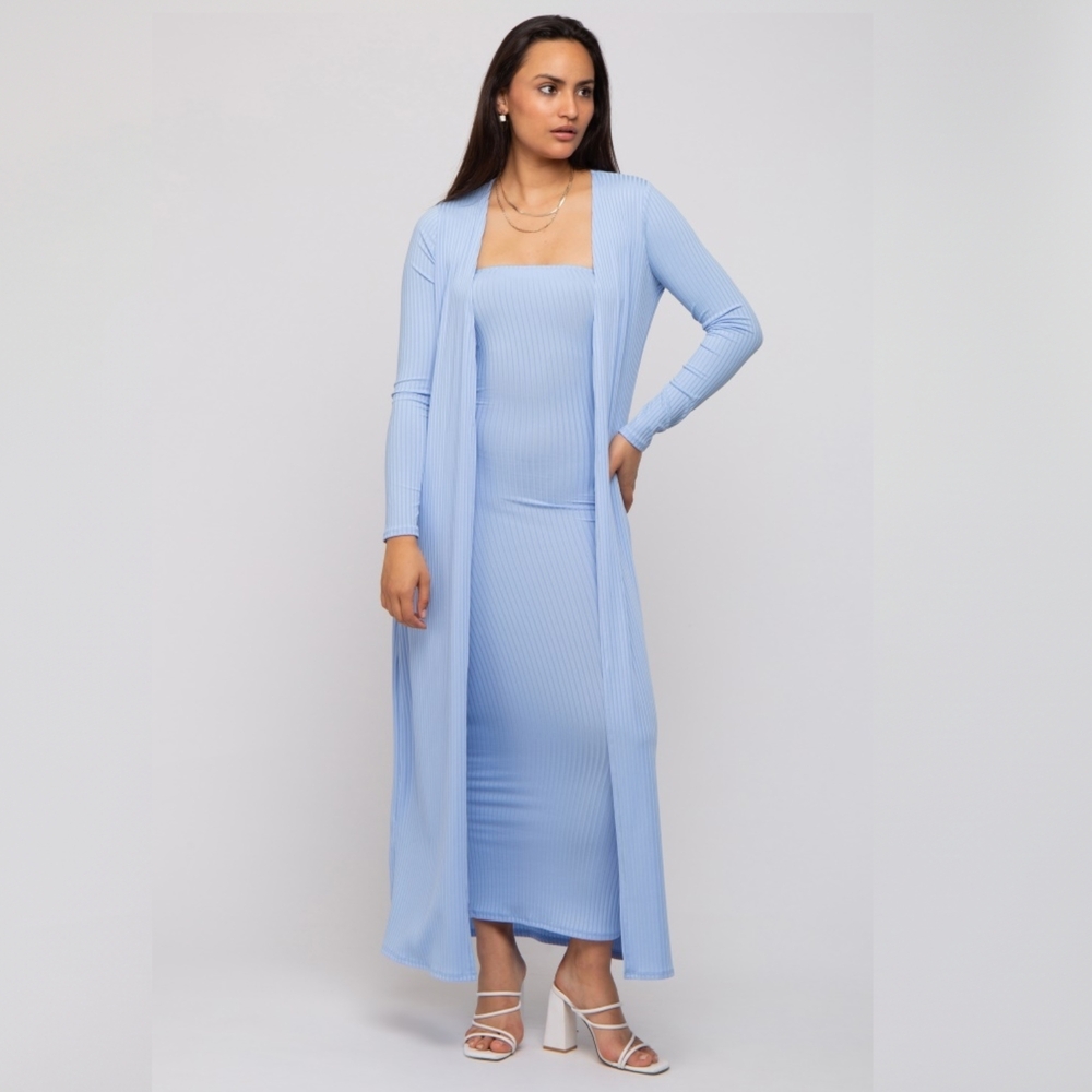 Canvas Light Blue Ribbed Maxi Dress with Matching Long Cardigan